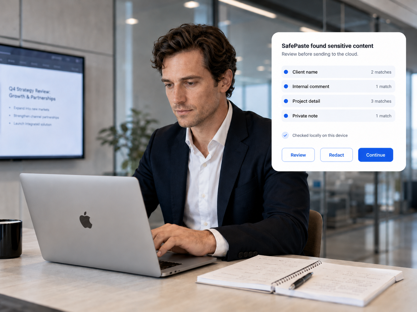 Consultant reviewing client draft before sensitive information is sent