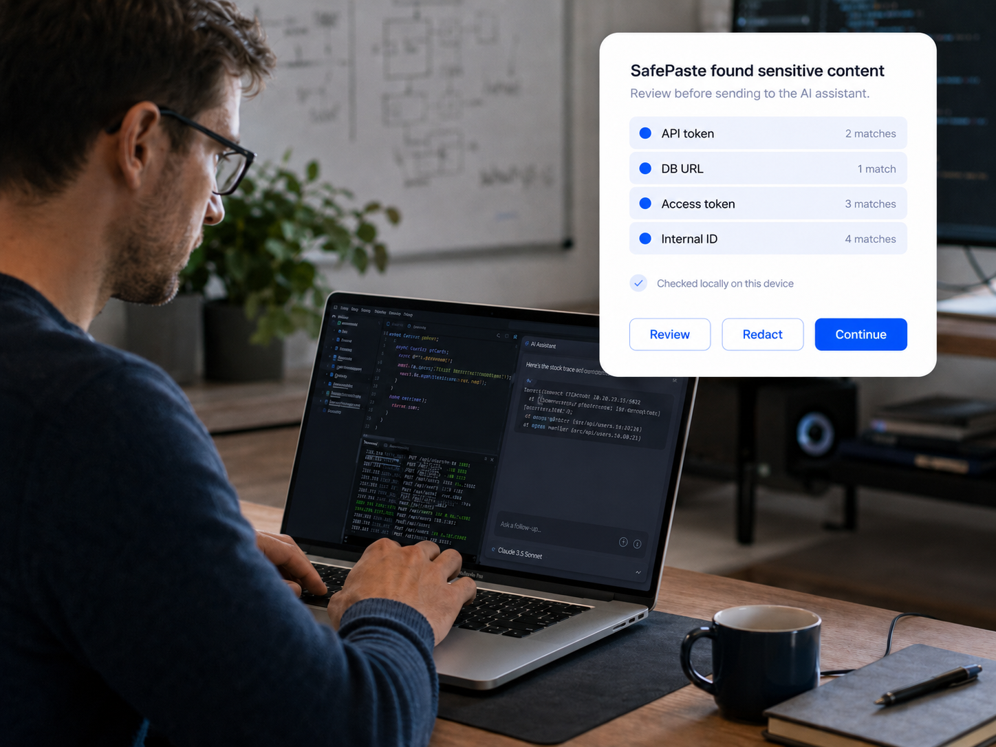 Engineer reviewing code before sending sensitive logs to an AI assistant