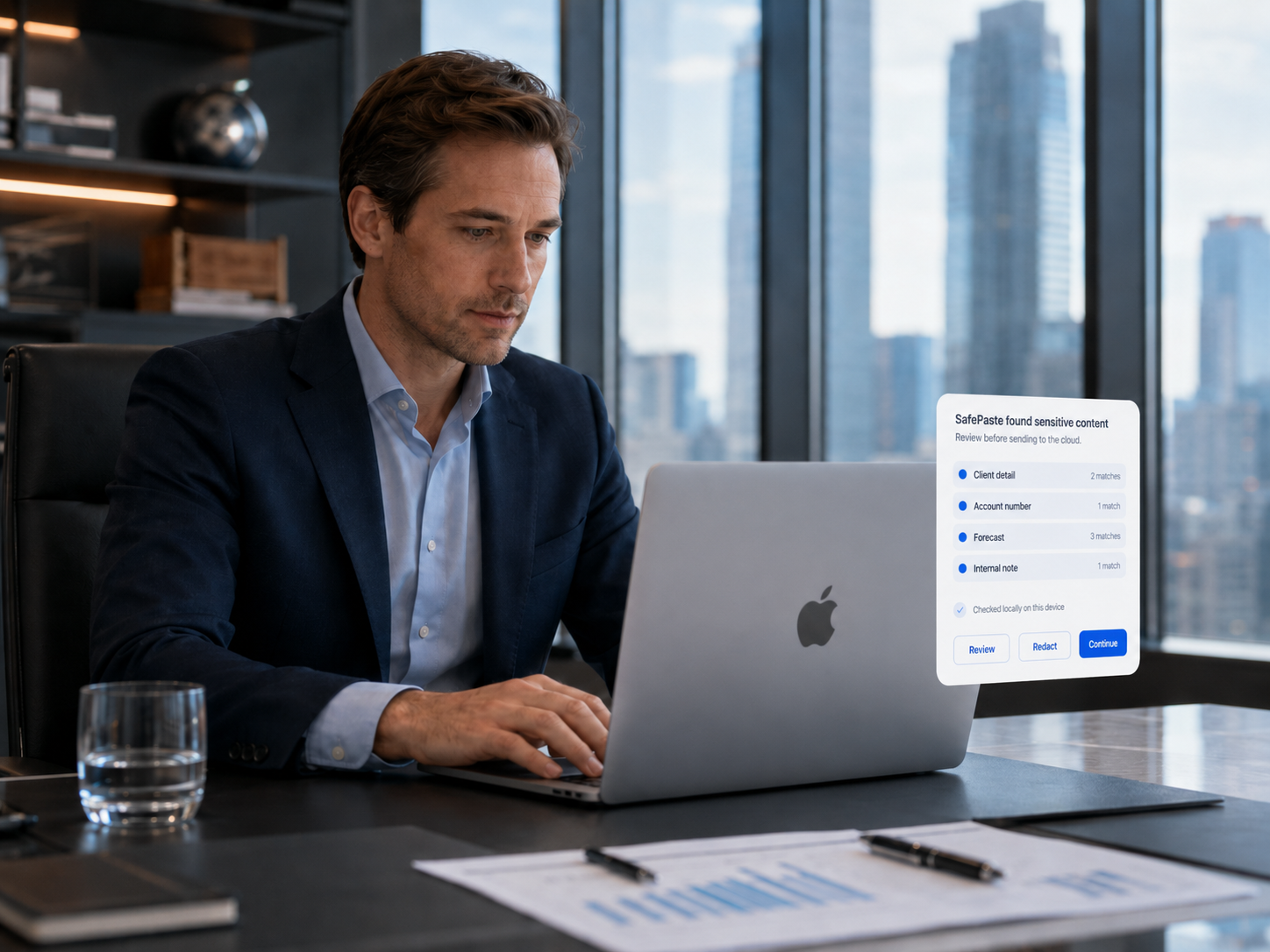 Finance professional reviewing confidential financial data before cloud upload